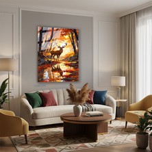 Tablonhazır Dikey Cam Tablo Salon Duvar Tablosu Dikey Cam Sonbahar Geyik Yeni Ev Hediyesi Ofis Tablosu