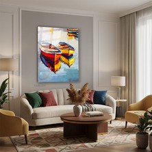 Tablonhazır Dikey Cam Tablo Salon Duvar Tablosu Dikey Cam Kirmizi Sari Kayiklar Yeni Ev Hediyesi Ofis Tablosu