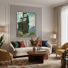 Tablonhazır Dikey Cam Tablo Salon Duvar Tablosu Dikey Cam Vangogh Cypresses Yeni Ev Hediyesi Ofis Tablosu