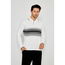 Zinox Erkek Göğüs Çizgili Örme Kazak  Şık ve Rahat Günlük Kullanıma Uygun Düğmeli Polo Yaka Kısa Kol Kazak