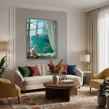 Tablonhazır Dikey Cam Tablo Salon Duvar Tablosu Dikey Cam Camdaki Kedi Manzara Yeni Ev Hediyesi Ofis Tablosu