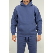 Souris Erkek İndigo Oversize Kapüşonlu Sweatshirt 3 Iplik Şardonlu Kanguru Cepli