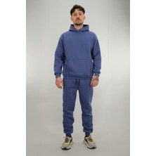 Souris Erkek İndigo Eşofman Takımı Rahat Kesim 3 Iplik Şardonlu Kapüşonlu Ipli Ribana Bel