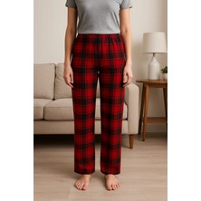 Kadın Mikro Süet Cepsiz Kışlık Ev Kırmızı Kare Çizgili  Eşofman Altı