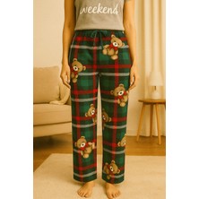 Kadın Mikro Süet Cepsiz Kışlık Ev Yeşil Ayıcıklı Çizgili Eşofman Altı