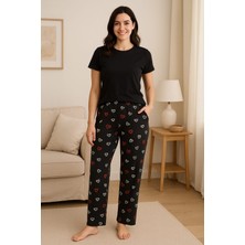 Kadın Mikro Süet Cepsiz Kışlık Ev Siyah Kalp Düz Eşofman Altı