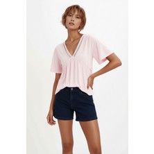 Mamayaga Kadın V Yaka Yarım Kol Yakası File Detay Şık Örme Rahat Kalıp Yazlık Bluz