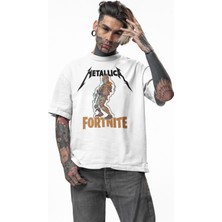 Fuddy Moda Unisex Metallica Fort.nite Yazılı Tişört, Oversize Rock Band Temalı T-Shirt