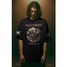 Fuddy Moda Unisex Fear Of The Dark Life Kol Baskılı Siyah Tişört, Oversize Iron Maiden Temalı T-Shirt