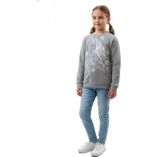 Cichild Kız Çocuk Gri Unicorn Baskılı Pullu Nakış İşlemeli Sweatshirt