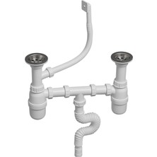 DESIPHON Çift Gözlü Lavabo Sifonu, 304 Paslanmaz Çelik, Yandan Taşmalı, Körüklü, Koku Önleyici