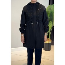 Lale Butik Çiçek Işleme Kapak Detaylı Ceket Kapüşonlu Kap 140098 Siyah