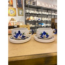 Color Craft 2 Kişilik El Yapımı Mavi Taç Yaprak Desenli Seramik Kupa Takımı ve Şekerlik - Çay Kahve Sunum Seti