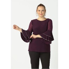 Moda Berray 4043 Bordo Kolları Volanlı Esnek Şık Taşlı Büyük Beden Bluz