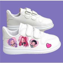 Kalp Kalp Kpop Demon Huntrex Baskılı Beyaz Bantlı Çocuk Spor Ayakkabı Sneaker
