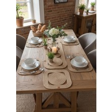 Mtg Jüt Tasarım El Emeği Doğal Jüt Kordon Halattan Hasır Renk Kare Amerikan Servis Takımı / 6 Adet Supla / 1 Adet Runner / 1 Adet Ekmek Sepeti