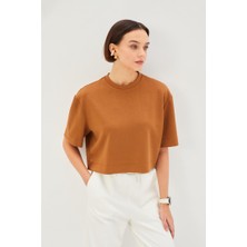 Allyco Camel Bisiklet Yaka Crop Örme Tişört