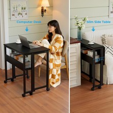 Ayz Sidney Depolama Raflı Katlanır Masa, 70 cm Tekerli Bilgisayar Masası, Laptop Sehpası, Mutfak Masası Siyah-Siyah