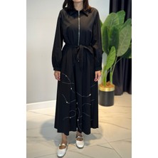 Lale Butik Yarım Patlı Fermuarlı Poplin Elbise 5779 Siyah