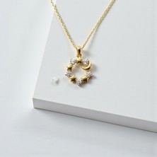 Nova Grup Yıldızve Ay Figürlü Zirkon Taşlı 14 Ayar Çember Kolye