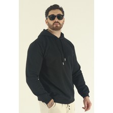 EYDAMOON Erkek Siyah Kışlık Regular Içi Pamuklu Kapüşonlu Sweatshirt