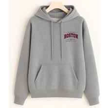 EYDAMOON Unisex Kışlık Gri Boston Baskılı Regular Fit Kapüşonlu Sweatshirt