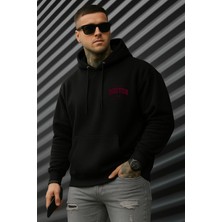 EYDAMOON Erkek Kışlık Kapüşonlu Boston Baskılı Sweatshirt Siyah Düz Desenli