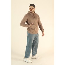 EYDAMOON Erkek Kışlık Yumuşak Dokulu Içi Polarlı Sweatshirt - Kahverengi Regular Yandan Cepli Kapüşonlu