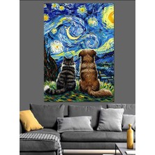 Karizma Tablo Van Gogh Yıldızlı Gece Soyut Kedi ve Köpek Dekoratif Kanvas - Mdf Ahşap Tablo