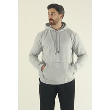 EYDAMOON Erkek Gri Kışlık Relax Fit Pamuklu Kapüşonlu Kanguru Cepli Sweatshirt