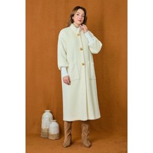 Lale Butik Broş Detaylı Angora Kaban Mont 15231 Ekru