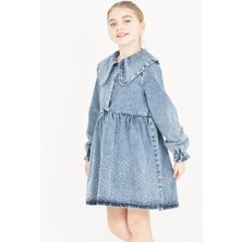 Modanino Kız Çocuk Taş Süslemeli ve Geniş Yakalı Jean Elbise 12453