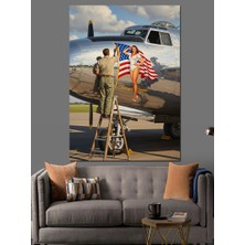 Tablomega Gümüş Savaş Uçağı ve Pilot Dekoratif Kanvas - Mdf Ahşap Tablo