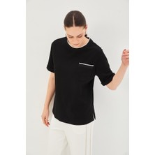 Allyco Ribana Detaylı Siyah Bisiklet Yaka Regular Örme Tişört