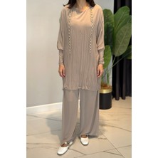 Ceremony Kolu Sandy Detaylı Zincir Halka Işlemeli Klaşlı Pantolonlu Takım 5912 Bej