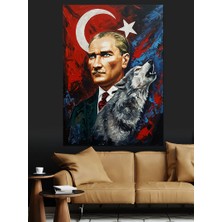 Artmeg Türk Bayraklı Kurt Çizimi Atatürk Dekoratif Kanvas - Mdf Ahşap Tablo