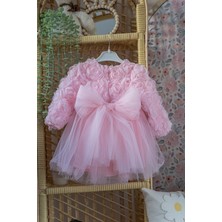 Alyra Kids Kız Bebek Elbise Uzun Kollu Fiyonklu 3D Gül Aplikeli Doğum Günü Parti Düğün Özel Gün Pamuk Elbise