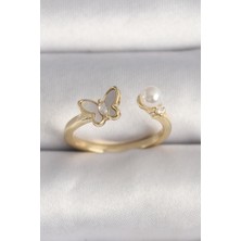 Skygo Pirinç Gold Renk Zirkon Taş Detaylı Beyaz Mineli Kelebek Model İnci Detay Ayarlanabilir Yüzük - TJ-BYK3523