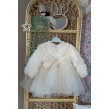 Alyra Kids Kız Bebek Elbise Uzun Kollu Fiyonklu 3D Gül Aplikeli Doğum Günü Parti Düğün Özel Gün Pamuk Elbise