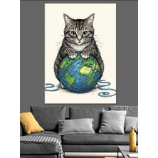 Artmeg Dünya Desenli Yün Yumağı Sevimli Kedi Dekoratif Kanvas - Mdf Ahşap Tablo
