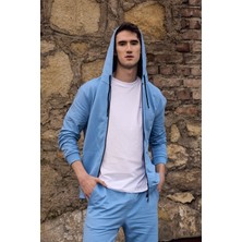Defy's Arda Erkek %100 Pamuk 2 İplik Şardonsuz Oversize Kapüşonlu Fermuarlı Mavi Sweatshirt