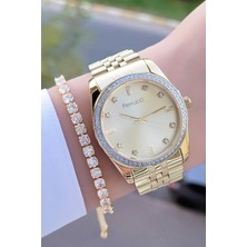 Ferrucci Gold Renk Çelik Şık Zirkon Taşlı Kadın Kol Saat+Bileklik