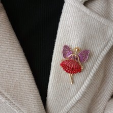 Lente Aksesuar Kırmızı Tütü Etekli Mor Kanatlı Kristal Taşlı Bale Dansçısı Peri Broş-Özel Tasarım Kristal Taşlı Gold Yaka Iğnesi