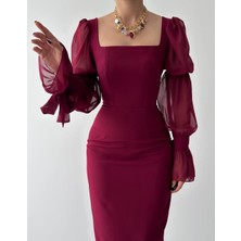 Nils Butik Kare Yaka Organize Kollu-Tül Detaylı Midi Abiye Elbise