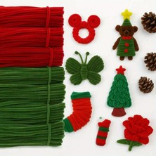 Hobialem 100'LÜ Şönil Seti Tüylü Tel , 50 Adet Kırmızı 50 Adet Haki Yeşil Yılbaşı Temalı Eğitici Şönil Seti