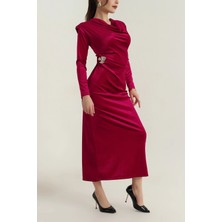 Sharin Kadın Kırmızı Kadife Vatkalı Uzun Kol Degaje Yaka Uzun Elbise 5E-4374