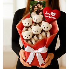 Giftstime Kişiye Özel Fotoğraflı Anılar Için 5'li Ayıcık Buketi - Fotoğraflı ve "seni Çok Seviyorum" Kalpli