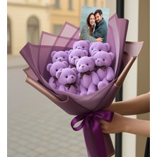 Giftstime Kişiye Özel Fotoğraflı Mor Ayıcık Buketi   Hediyelik Peluş Ayı Buketi  💜