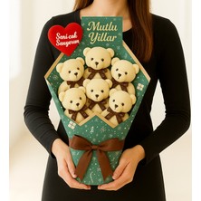 Giftstime Kişiye Özel "seni Çok Seviyorum" Kalp 5'li Sevimli Ayıcık Mutlu Yıllar Mesajlı Ayıcık Buketi