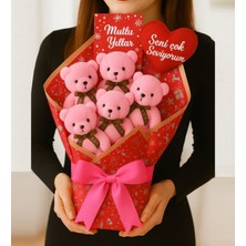Giftstime Yılbaşı Özel 5'li Sevimli Ayıcık Buketi 5'li Fotoğraflı Pembe Ayıcık ve Büyük Kurdeleli